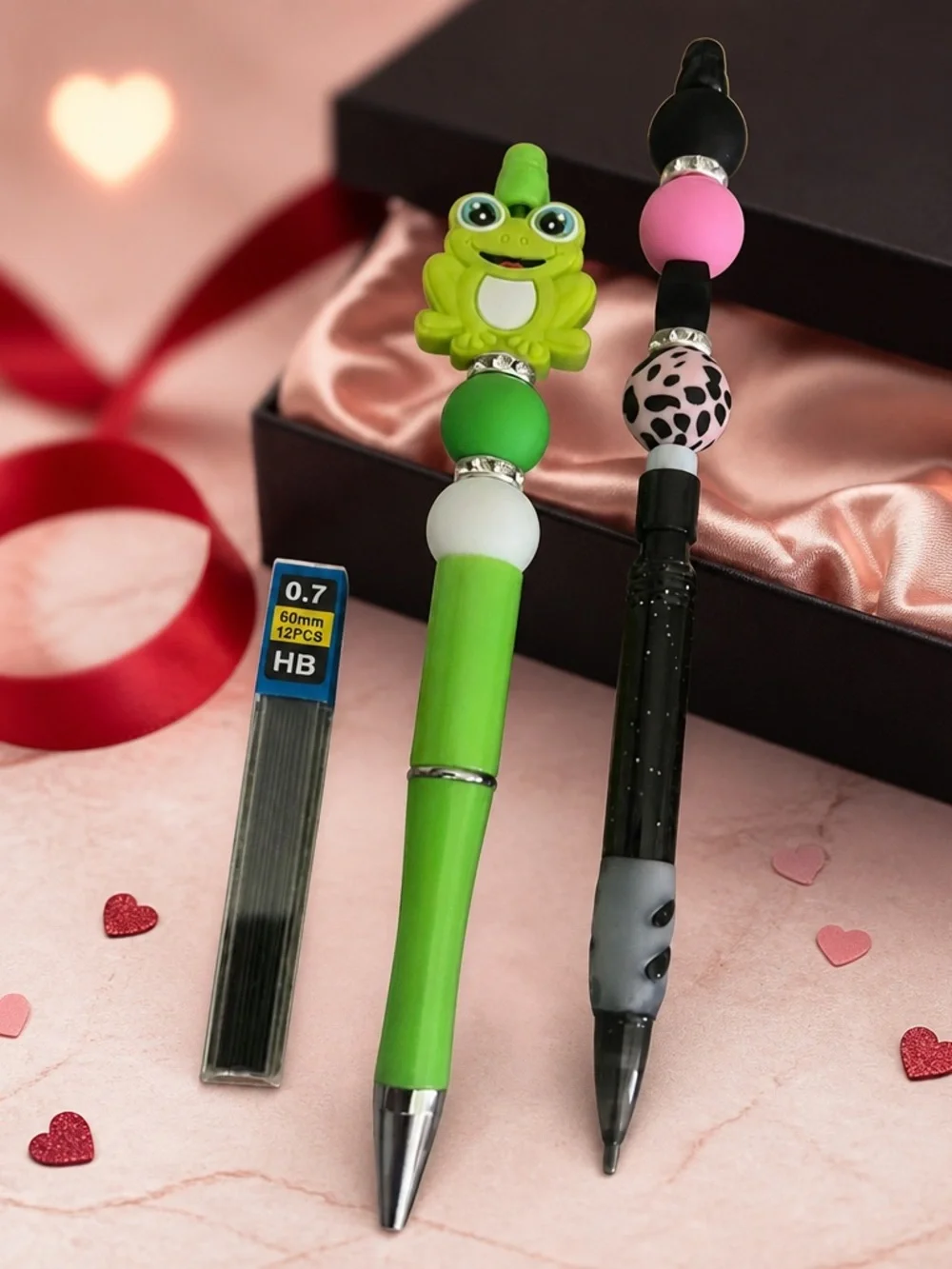 Set of 2 Decorated Mechanical Lead Pencil & Ballpoint Pen w/ Refillable Lead